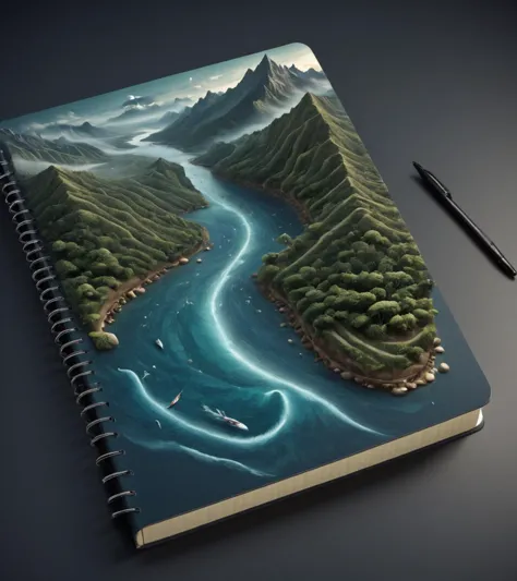 a notebook with a painting of a river and mountains on it