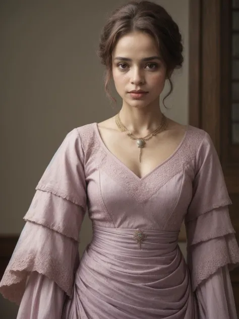 a woman in a purple dress standing in a room