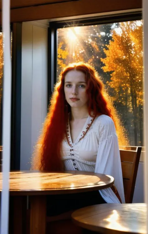 ((analog photo:1.2),((dynamic pose:1.2),(dynamic camera),(27 yo Ashkenazi Ukrainian woman with long red hair sitting at a table,...