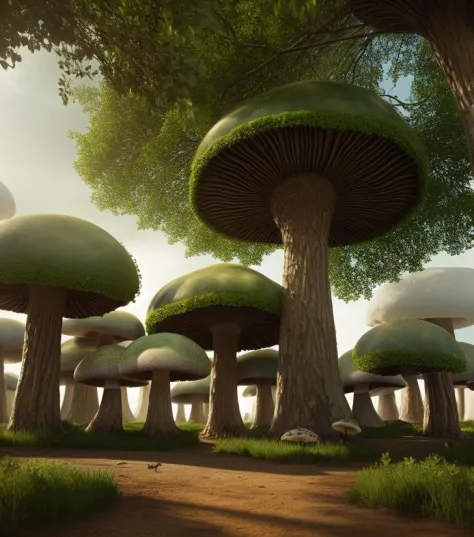 photorealistic, surreal landscape with giant mushrooms and intricate architecture,tree, 3D , 8 k, 32 k, HDR, realistic,