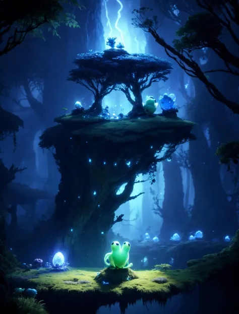 ori, forest with frog face rock and tree on night, (Ori and the Blind Forest), (Ori and the Will of the Wisps), 2D game, digital...