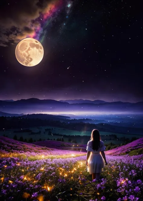 Vast landscape photo, (viewed from below, the sky is above and the open field is below), a girl standing on a flower field looki...