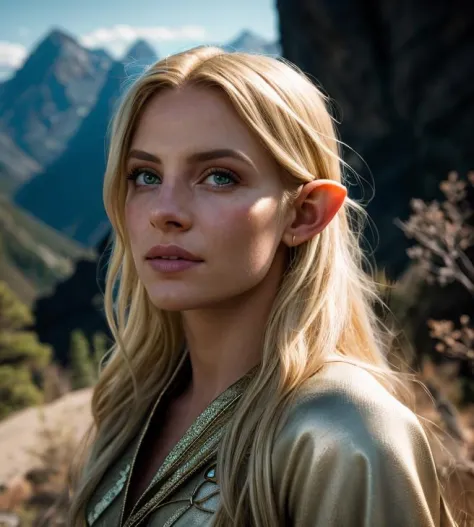 (longshot:1.5),(hero view:1.5),beautiful Elf woman ,inspired by the lord of the ring,dressed like a White Elf style,Happy expression on face,on the mountain,angelic, beautiful face,(harsh light on skin:1.2), (hard shadows, dark theme, unlit, dim lighting, deep contrast:1.1), (Annie Liebovitz portrait photography), Mint and coral aesthetic dark theme, (skin imperfections, freckled:0.4),natural lighting, extremely realistic, 8k, insane details, intricate details, Cinematic color graded,color Grading, Editorial Photography, Photography,sharp focus, taken with a 60mm lens, ISO 300, f/4, 1/200th