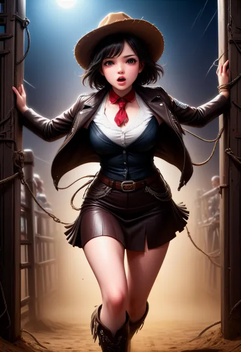 (medium full shot) of (esthetic young woman:1.1) cowboy, korean with black hime cut hair, dark brown eyes, pale skin, curvy,    ...