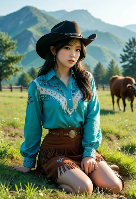 (medium full shot) of (desirable young woman:1.1) cowboy, korean with black hime cut hair, dark brown eyes, pale skin, curvy,             wearing Embroidered western shirt, suede fringe skirt, cowboy hat with turquoise hatband, leather cowboy boots, bandanna, scared at the viewer,  she's brushing her hair with her fingers,  .set in the far west era, in  Resting Pasture, Lush green pasture dotted with shade trees, cattle grazing peacefully, calves frolicking in the grass, distant mountains silhouetted against the sky, and the scent of fresh grass carried on the breeze , at night. ,Masterpiece,best quality, photorealistic, amazing quality, very aesthetic, extremely detailed face,