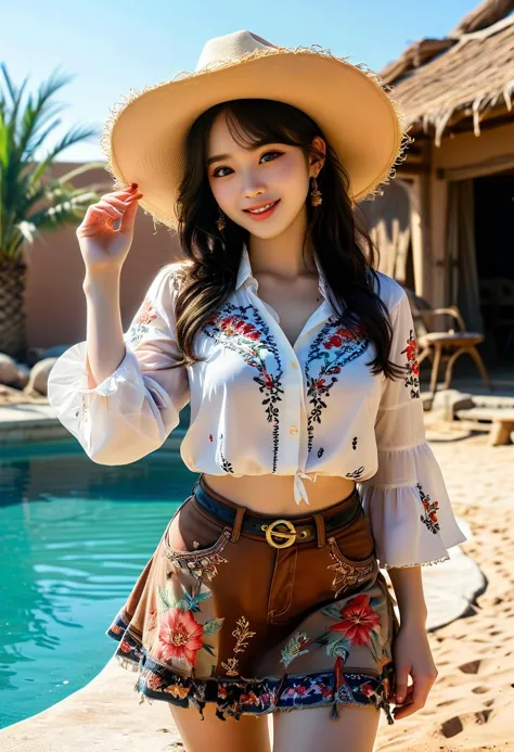 (medium full shot) of (esthetic young woman:1.1) cowboy, korean with black hime cut hair, dark brown eyes, pale skin, curvy,             wearing Floral print blouse, denim skirt with embroidery, straw cowboy hat with flower crown, leather cowboy boots, work gloves with reinforced palms and fingers, smiling at the viewer, making an ok sign with her hand,  .set in the far west era, in  Desert Oasis, Palm trees swaying in a hot breeze, a shimmering pool of clear water, colorful tents pitched on the sandy shore, camels resting in the shade, and distant dunes rippling in the heat haze  . ,Masterpiece,best quality, photorealistic, amazing quality, very aesthetic, extremely detailed face,