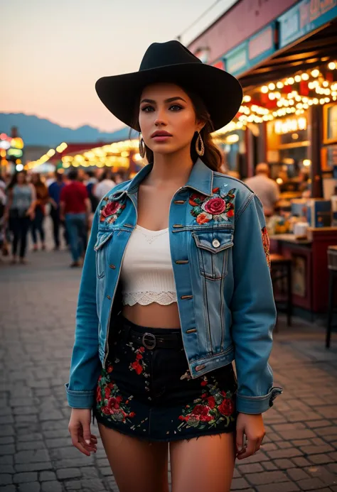 (medium full shot) of (attractive young woman:1.1) cowboy, arabian with black doughnut hair bun, green eyes, tan skin, curvy,             wearing Embroidered denim jacket, denim skirt with lace trim, cowboy hat with floral appliqué, leather cowboy boots, bandanna, scared at the viewer, pointing her finger at the viewer,  .set in the far west era, in  Concession Stand, Aromatic smells of grilled meat and popcorn wafting through the air, colorful banners advertising snacks, a line of eager patrons, clinking of coins as transactions are made, and the sound of sizzling from the grill , at sunset. ,Masterpiece,best quality, photorealistic, amazing quality, very aesthetic, extremely detailed face,