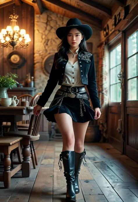 (medium full shot) of (attractive young woman:1.1) cowboy, chinese with straight black hair, dark eyes, fair skin, petite,      ...