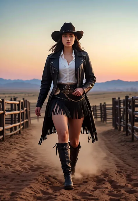 (medium full shot) of (desirable young woman:1.1) cowboy, korean with black hime cut hair, dark brown eyes, pale skin, curvy,   ...