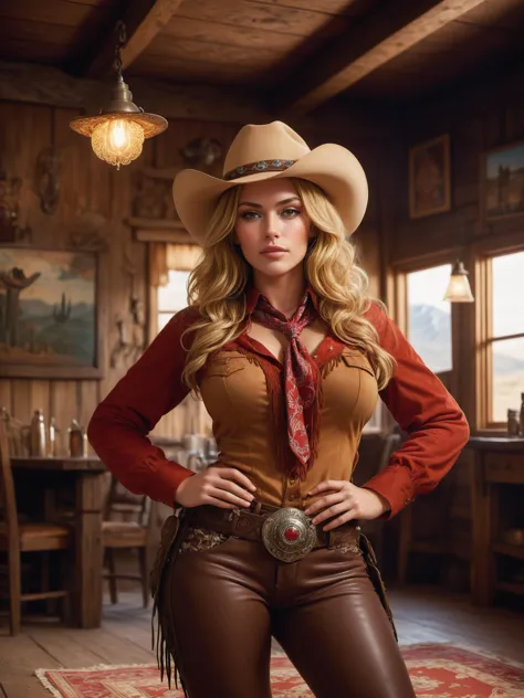 (masterpiece, best quality, ultra-detailed, extremely detailed, intricate details, 8K), 1girl, solo, voluptuous curvy busty sexy milf model, (lovely cowboy) adult woman, tiny build, extra long blonde hair, south african, dark skin, light brown eyes, Medium build, extra long red afro hair,  wearing wide-brimmed cowboy hat , Suede shirt with fringe, velvet pants with lace-up detail, studded cowboy boots with spurs, bandanna,western tie with a decorative slide and leather cord, set in the far west era, in Ranch House, Cozy interior with a stone fireplace, a large dining table with mismatched chairs, a worn-out rug on the wooden floor, family photos on the walls, the aroma of home-cooked meals  <lora:SDXLFaeTastic2400:1>