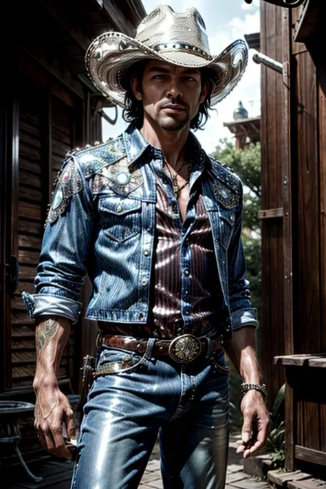 masterpiece, highres, (realistic:1.5), xenomechanicalworld cowboy wearing sequined western shirt, denim skirt with sequin trim, ...