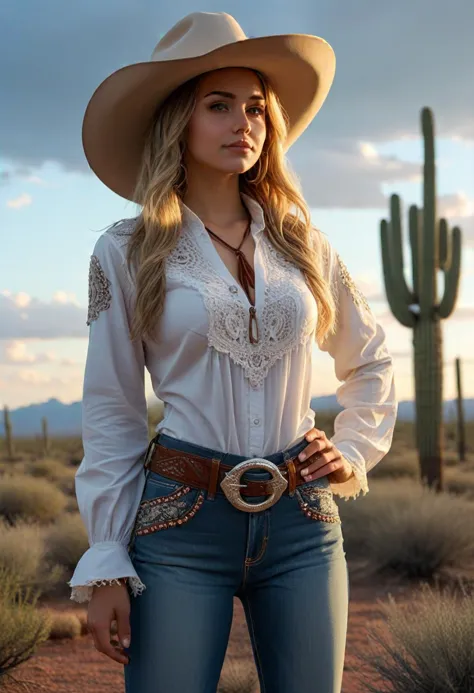 (medium full shot) of (vivacious cowboy) young woman, slender build, long blonde hair, mexican, ebony skin, brown eyes,  wearing wide-brimmed cowboy hat , Western-style blouse with lace-up neckline, denim pants with silver studs, sequined cowboy boots , western tie with a decorative slide and leather cord leather belt with a decorative buckle, set in the far west era, in  Arizona Desert Vista, Wide-open space with panoramic views of endless desert plains, towering saguaro cacti standing sentinel, a distant thunderstorm brewing on the horizon, the smell of rain mingling with desert sage  , at sunset, woman smiling, detailed face, ,Masterpiece,best quality, photo, realistic, very aesthetic