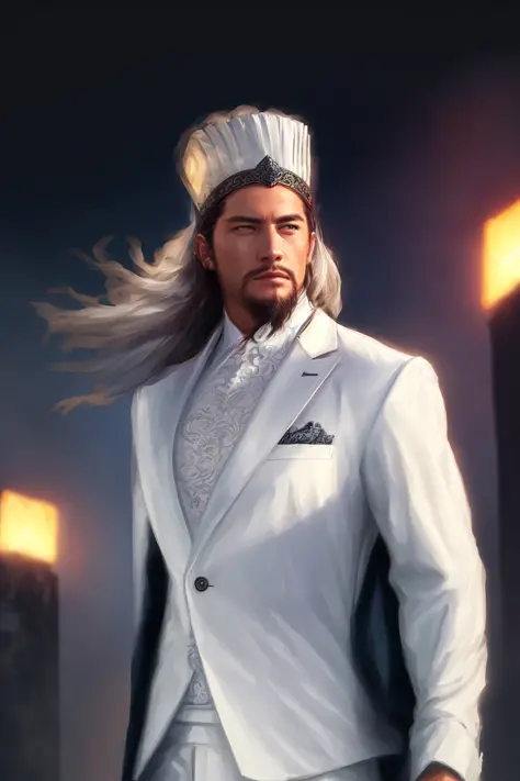 1boy,(masterpiece), (extremely intricate), photorealistic photo of a handsome male, long white hair, fully clothed, perfect face...