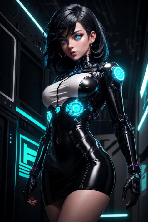 full body of cyborg lady, cybernetic jaw, mechanical parts, white shirt, unbottoned, black latex skirt, metal skin, glowing red ...