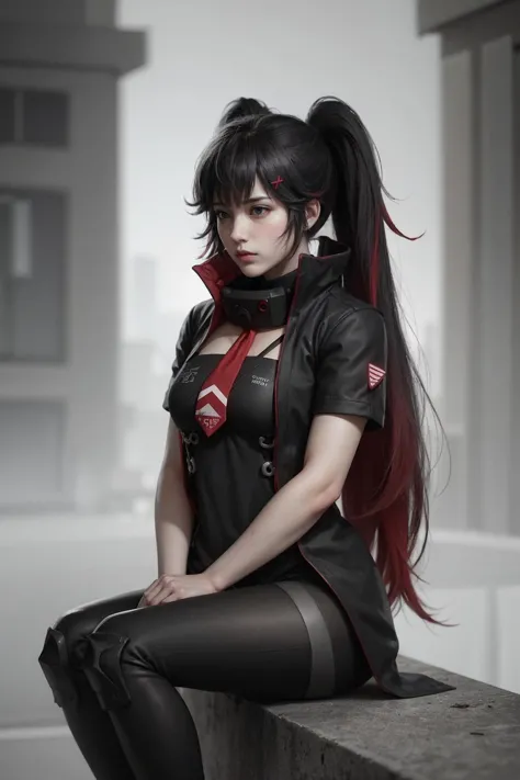 twintails, very long hair, black hair, red eyes, two-tone hair, x hair ornament, black coat, high collar, open coat, short sleeves, black dress, black leggings, collar, red tie,<lora:luciaplume:0.8>, leaning into the photo, arms folded on chest, legs crossed, looking away, head turned away, (Dystopian style, Bleak, post-apocalyptic, somber, dramatic, highly detailed:1.3)