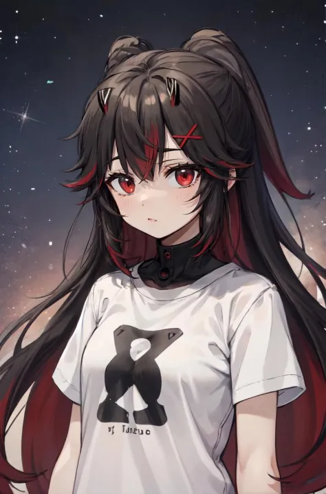 two-tone hair, black hair, red hair, red eyes, horns, very long hair, fluffy hair, disheveled hair, x hair ornament, space
BREAK...