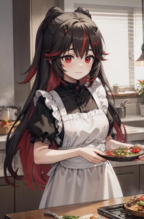 two-tone hair, black hair, red hair, red eyes, horns, very long hair, fluffy hair, disheveled hair, x hair ornament, space
BREAK maid, light smile, blush, cooking, censored food
<lora:luciaplume:1>