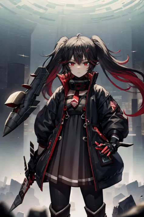 masterpiece, best aesthetic,  twintails, two-tone hair, black hair, red hair, red eyes, horns, very long hair, fluffy hair, disheveled hair, x hair ornament
BREAK black coat, open coat, black dress, red tie, collar,
BREAK mechanical arms, mechanical legs, (shattered glass:1.3), glass fragments, looking at viewer, floating hair, short sleeves, digital landscape, giant cubes, white cubes
BREAK (space:1.25), (aircraft:1.4), focused
BREAK cowboy shot, black leggings
<lora:luciaplume:1>