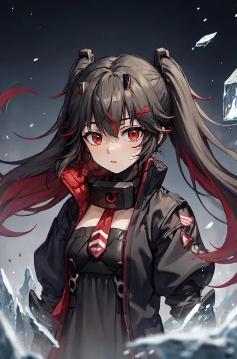 twintails, two-tone hair, black hair, red hair, red eyes, horns, very long hair, fluffy hair, disheveled hair, x hair ornament
B...