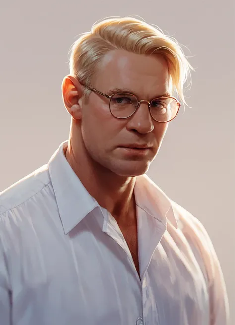 a close up of a man with glasses and a white shirt