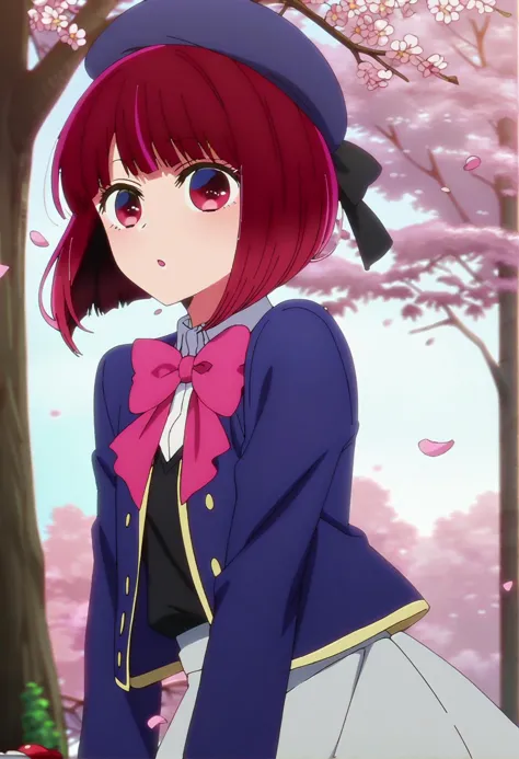 1girl, arimakana, blue hat, beret, school uniform, white collared shirt, blue jacket, black vest, grey skirt, pink bow, looking at viewer, tree, cherry blossoms, falling petals, detailed background,
BREAK
score_9, score_8_up, score_7_up, score_6_up, score_5_up, score_4_up, anime, screencap