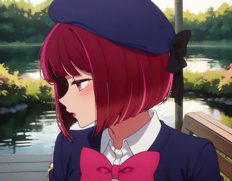 score_9, score_8_up, score_7_up, anime, uncensored, 
1girl, arimakana, red hair, short hair, red eyes, half-closed eyes, bob cut,
beret, school uniform, white shirt, blue jacket, pink bow, black corset, white skirt, cropped jacket,
lake, sitting on bench, park bench, outdoors,
movie set, movie shoot, studio, movie