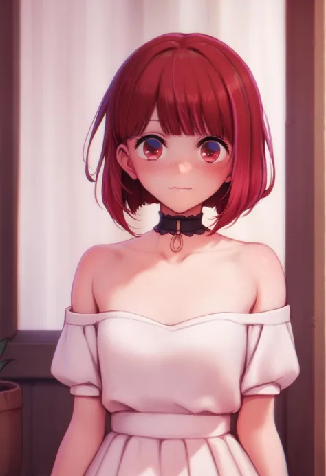 arimakana, bare shoulders, choker, collarbone, dress, looking at viewer, off-shoulder dress, solo, white dress, light blush,
BREAK
score_9, score_8_up, score_7_up, score_6_up, anime, 