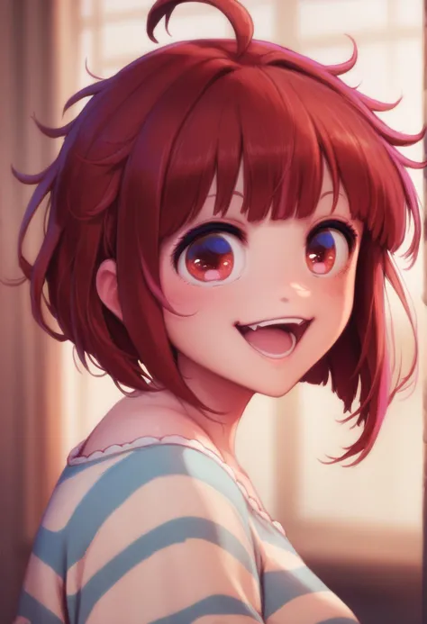 <lora:arimakana_ponyxl_v4:1>, 1girl, arimakana, eye focus, heart cutout, pajamas, striped shirt, upper body, smile, :d, open mouth, (fang:0.7), upper teeth only, from side, looking at viewer, messy hair, ahoge,
BREAK
score_9, score_8_up, score_7_up, score_6_up, anime, <lora:PersonalAmi_PonyXL_resize:1>