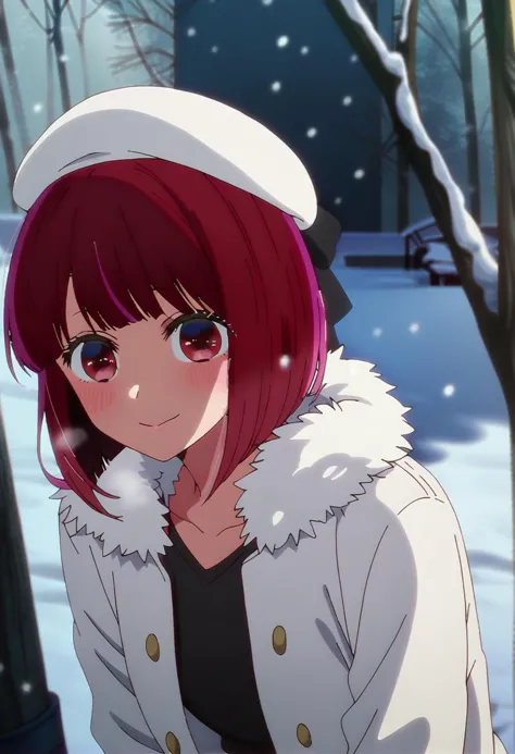 1girl, arimakana, white hat, beret, fur jacket, fur trim, white jacket, looking at viewer, blush, light smile, bare tree, snow, snowing, dutch angle, sitting, against tree, breath, steam,
BREAK
score_9, score_8_up, score_7_up, score_6_up, anime, screencap