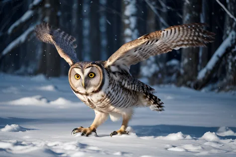 a close-up of an owl in the evening, swooping on prey hidden under the snow, radiant cinematic photo, 35mm photograph, film, professional, 4k, highly detailed