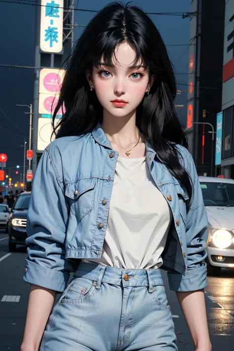 arafed woman in a denim jacket and jeans walking down a street