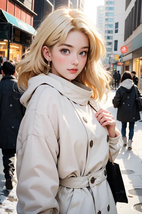 arafed woman in a trench coat walking down a city street