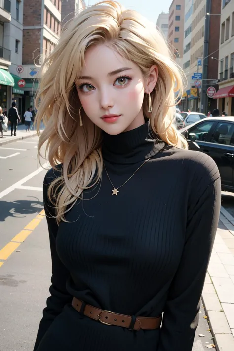 a close up of a woman in a black dress on a city street