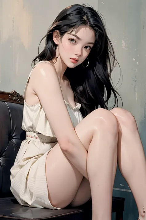 araffe asian woman sitting on a chair with her legs crossed