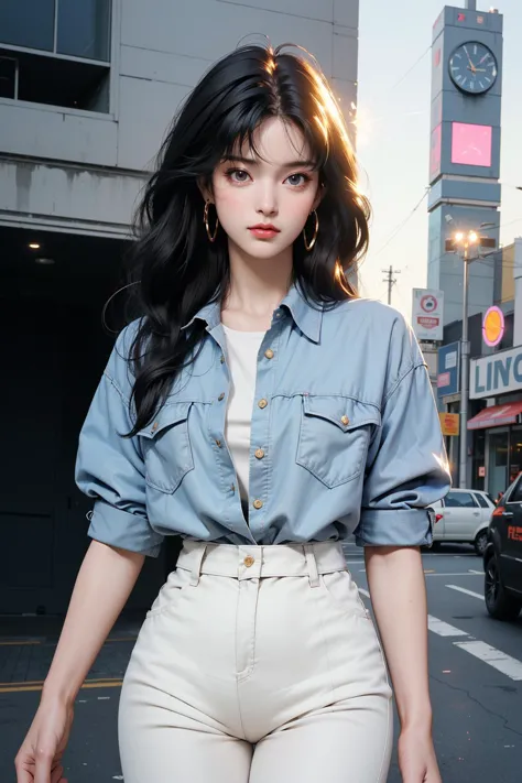 araffed asian woman in white pants and a denim shirt