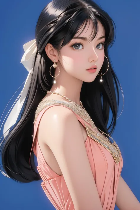 a woman with long black hair wearing a pink dress and earrings