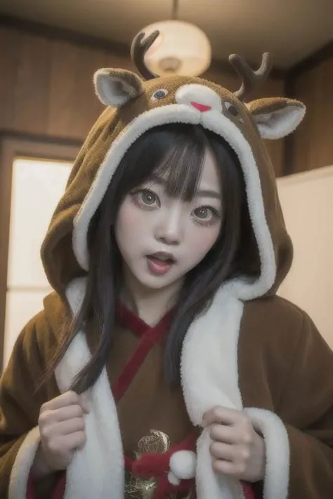 masterpiece, (Best quality:1.2), highres, (scenary), reindeer costume, hood up, open mouth, <lora:hutao1-000009:1>, hutaodef, hu...