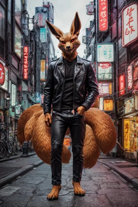 male, solo, explicit, (kurama), clothed, leather jacket, (tails:1.3), detailed background, front view, paws, tokyo, akihabara, s...