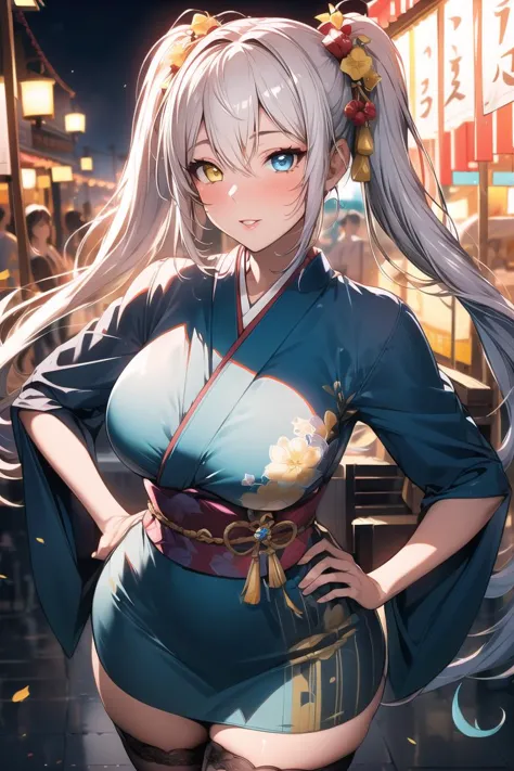 ((night:1.5)),outdoors, ((extremely detailed background)), summer festival, paper lantern, crowded, market stall, 
standing, facing viewer, cowboy shot, hand on hip, 
white hair, very long hair, long twintails, (left blue eyes 1.2), (right yellow eyes:1.2), heterochromia, bangs, hair clip, thick thighs,
japanese clothes, wide sleeves, thighs, print kimono, short kimono, striped thighhighs, miniskirt, 
1girl, solo, (20 years old:1.5),Beautiful Finger,Beautiful long legs,Beautiful body,Beautiful Nose, perfect face,(mature:1.1),(milf:1.1),(mature female:1.3),make up,parted lips,(shiny skin:1.3),(perfect female body:1.2),(gorgeous detailed skin),(detailed hair), masterpiece,  high quality, highres,  absurdres,(beautiful and aesthetic:1.2), beautiful hand, 4k, 8k, perfect balance, perfect eyes, expressive eyes, detailed aqua eyes,
looking at viewer, smile,
ray_tracing,intricate details,depth of field, extremely delicate and beautiful,bokeh,beautiful reflection,perfect lighting
(Beautiful,large breasts:1.3), (beautiful_face), (narrow waist),