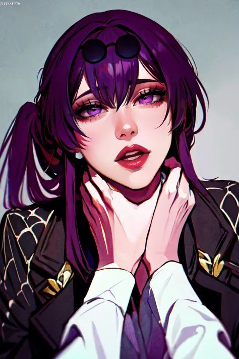 Highly detailed, High Quality, Masterpiece, beautiful, Kafka, purple eyes, jacket, 1girl, solo, mature female, purple eyes, (strangling, asphyxiation)