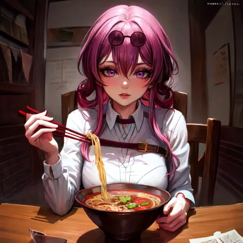 Highly detailed, High Quality, Masterpiece, beautiful, Kafka,  <lora:Kafka:0.9>, 1girl, solo, purple eyes, mature female, ramen, chopsticks, <lora:Pos_EatingNoodles:1>, <lora:Other_MoreDetails:0.5>