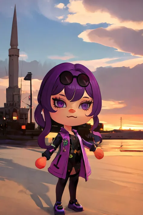 Highly detailed, High Quality, Masterpiece, beautiful, Kafka, purple eyes, jacket, <lora:Kafka:0.9>, 1girl, solo, mature female, purple eyes, jacket, chibi, <lora:Style_AnimalCrossing:1>