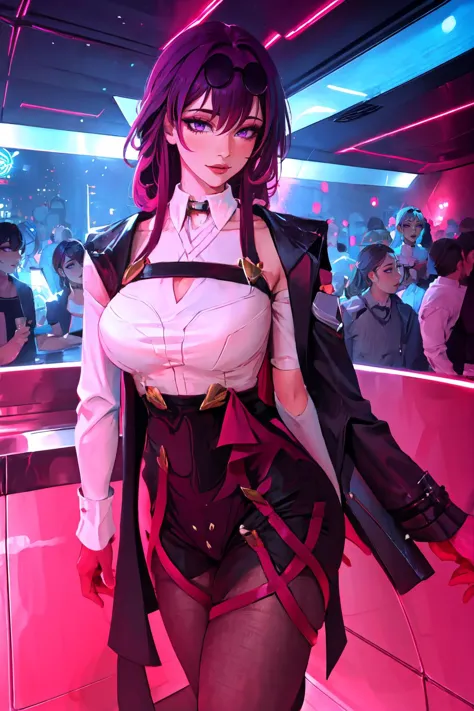 Highly detailed, High Quality, Masterpiece, beautiful, Kafka, purple eyes, jacket, <lora:Char_HonkaiStarRail_Kafka:1>, 1girl, solo, mature female, purple eyes, jacket, Nightclub, <lora:Pos_Nightclub:0.7>