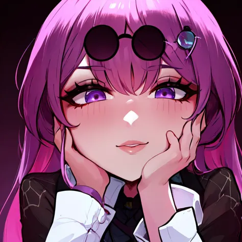 Highly detailed, High Quality, Masterpiece, beautiful, Kafka, purple eyes, jacket, 1girl, solo, mature female, purple eyes, jacket, chibi, close up, embarassed with hands on cheek, 