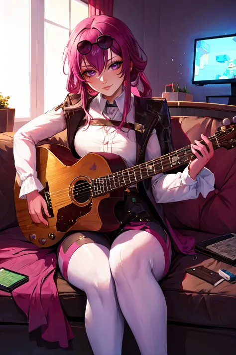 anime girl with pink hair playing guitar on a couch