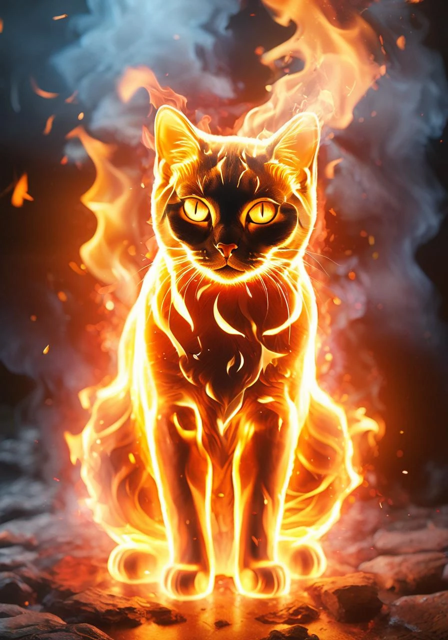 (Masterpiece, high quality, best quality, official art, beauty and aesthetics:1.2),(fire element:1.1),composed of fire elements,burning,(cat:1.2),fire,molten rock,flame skin,flame print,fiery hair,smoke,cloud,(1girl:1.2),