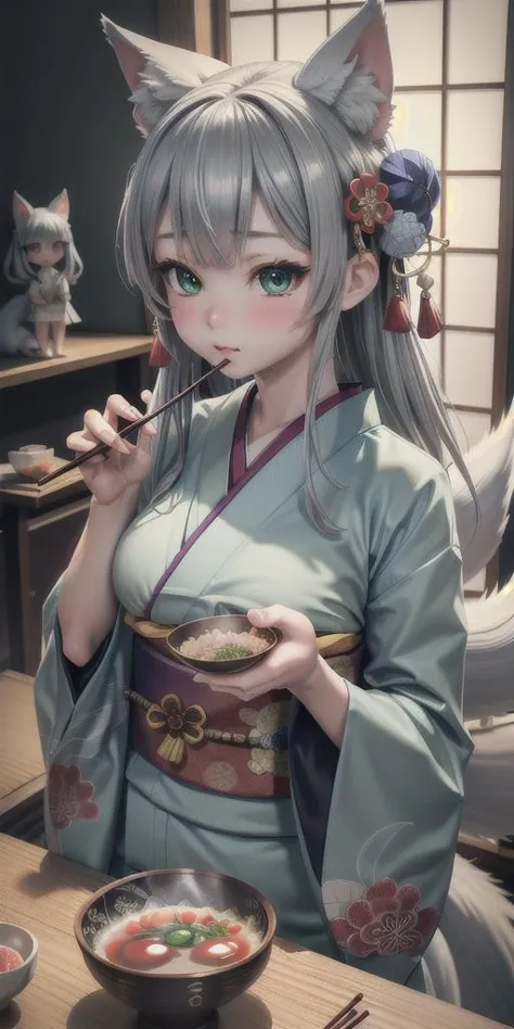 anime girl in kimono outfit eating ramen with chopsticks