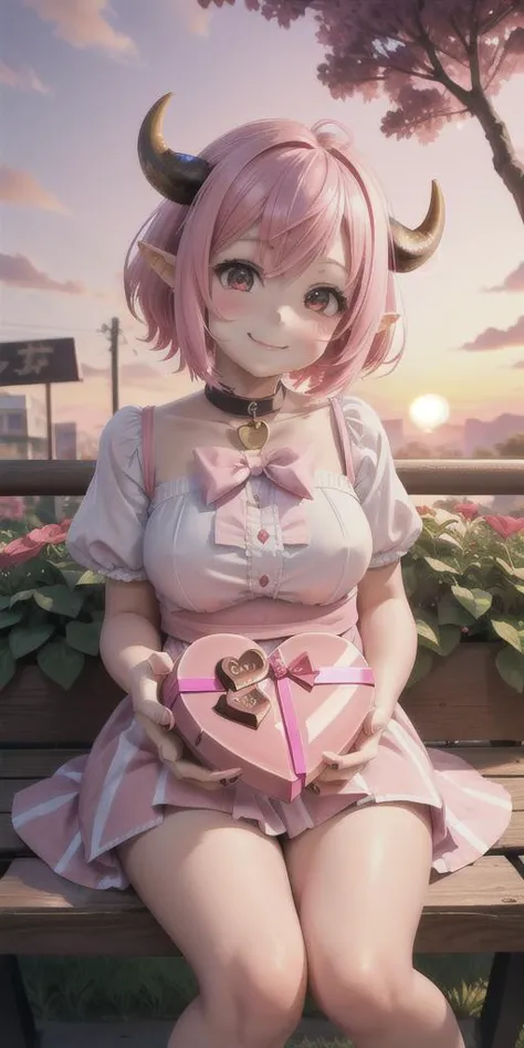 anime girl sitting on a bench with a pink dress and horns