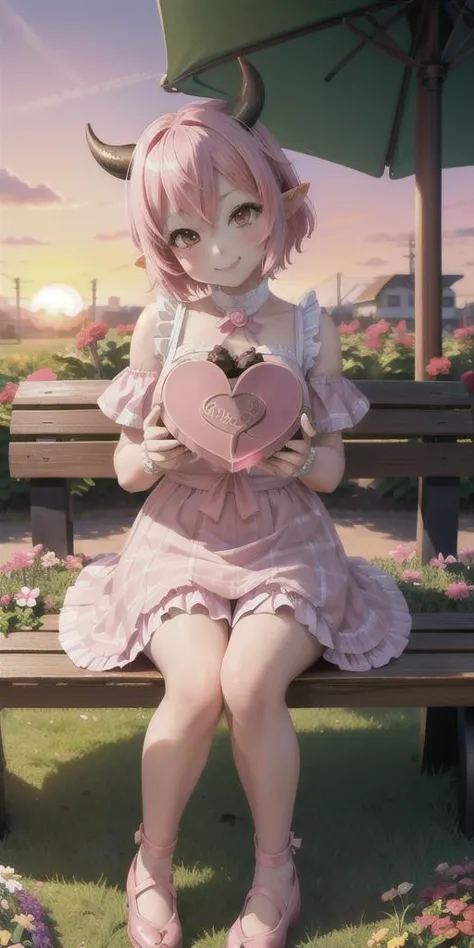 anime girl sitting on a bench holding a heart shaped box