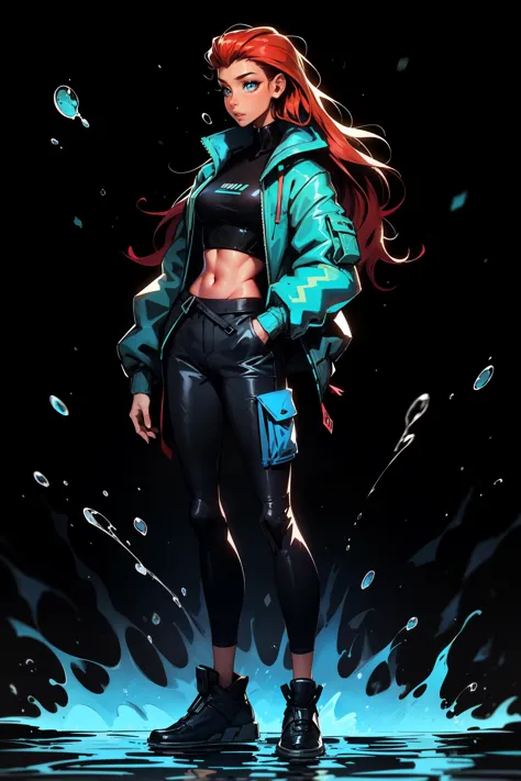 full body, 1girl, ariel mermaid disney, slim waist, slim legs, extremely skinny body, extremely long hair, blue techwear jacket, cargo pants, water splash